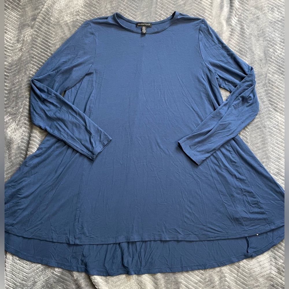 Eileen Fisher USA Stretch Jersey Swing Long Sleeve Tunic Shirt Blue Small